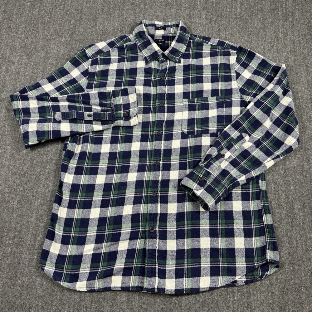 J Crew Flannel Shirt Mens Large Slim Fit Navy Green Plaid Cotton Button Up - Picture 4 of 8